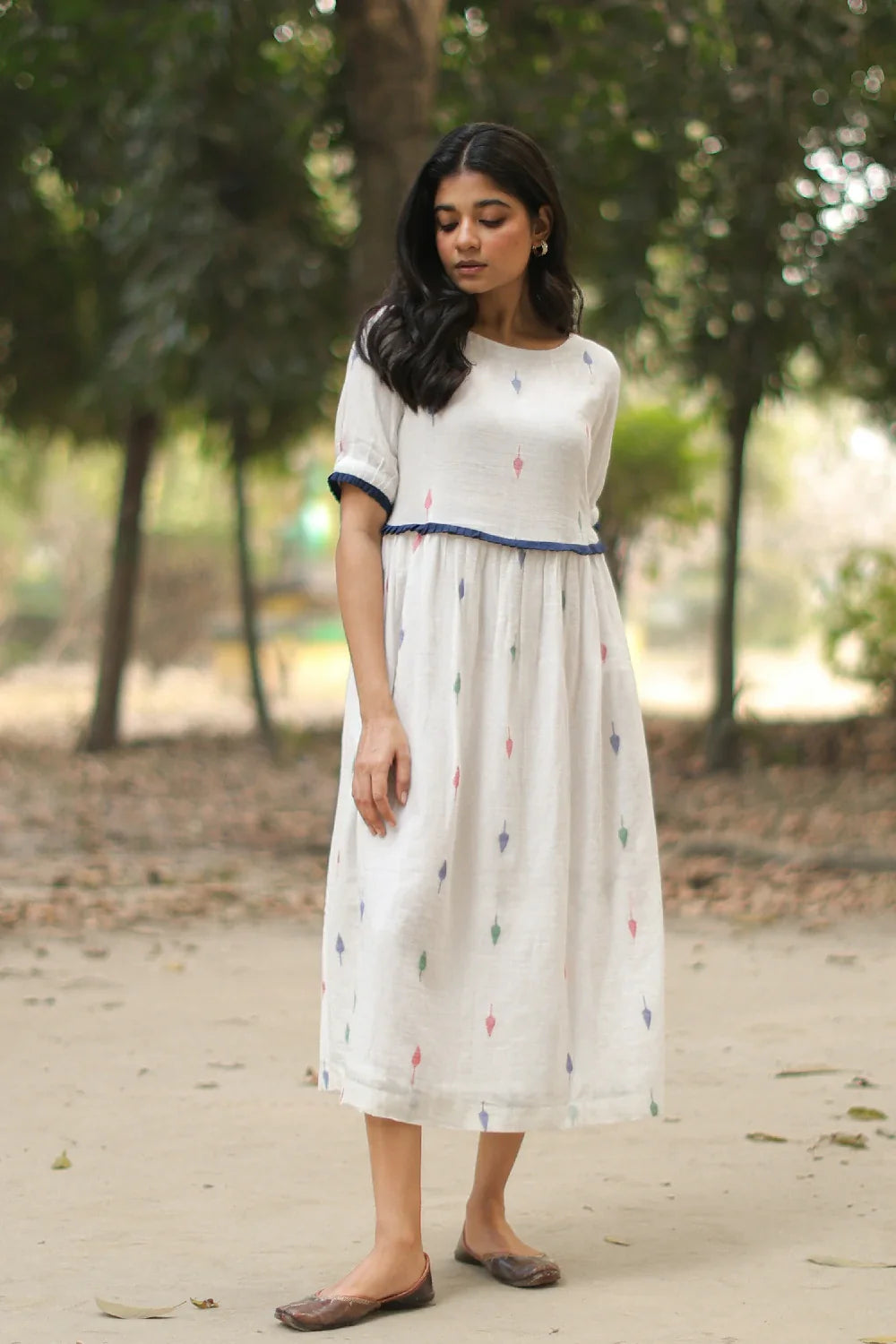 Traditional Pearl White Handwoven Jamdani Cotton Dress for Ethnic Wear
