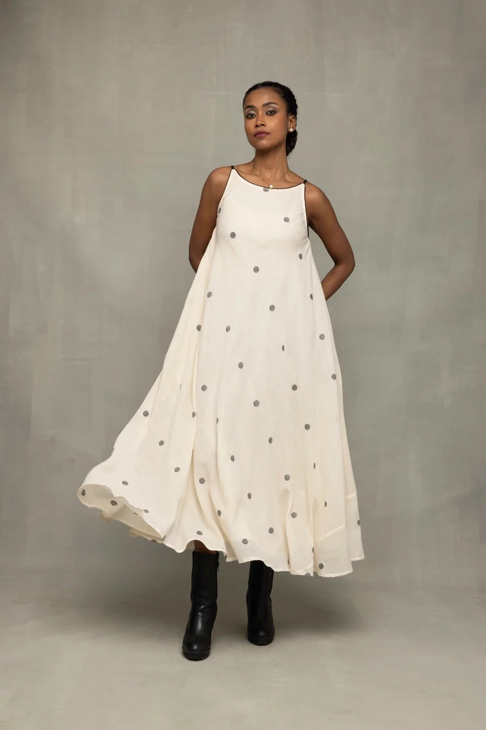 Pearl White Polka Jamdani Handwoven Trapeze Dress-Sutra Art of Clothing