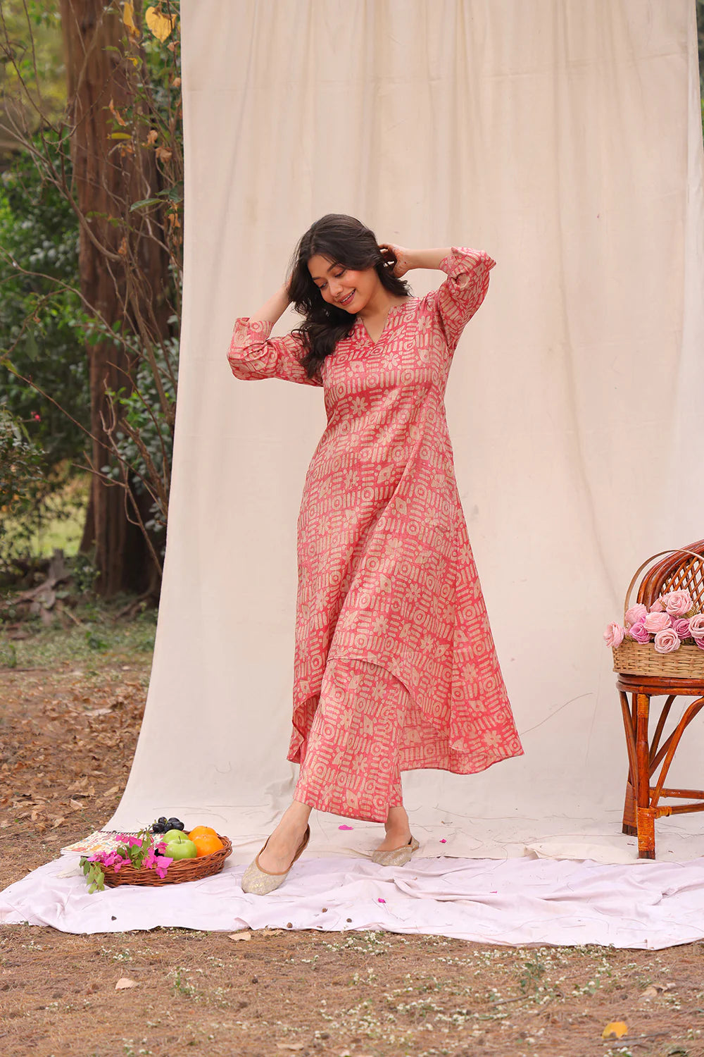 Traditional Pink Hand Batik Khadi Cotton Co-ord Set for Ethnic Wear