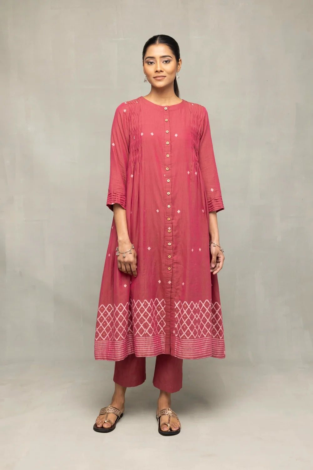 Traditional Pink Handloom Jamdani Kurta Set with Dupatta for Ethnic Wear
