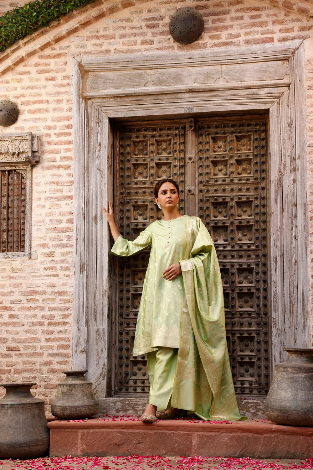Traditional Pista Green Pure Silk Banarasi Kurta Set with Dupatta for Ethnic Wear