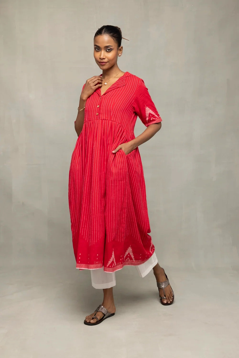 Traditional Red and White Jamdani Kurta Set with Temple Motifs for Durga Pujo