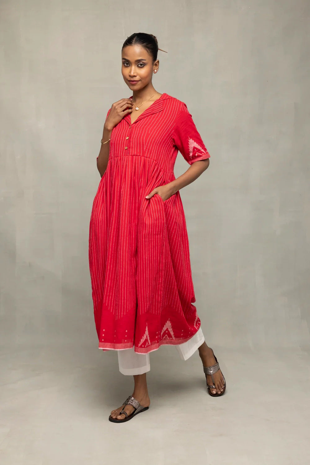 Traditional Red and White Jamdani Kurta Set with Temple Motifs for Durga Pujo
