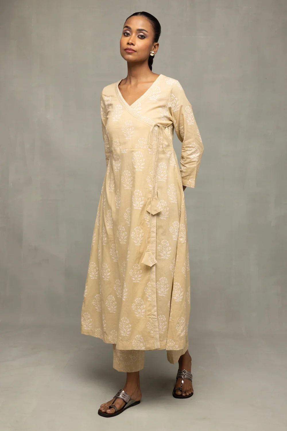 Traditional Sahara Gold Angrakha Kurta Set with Dupatta for Ethnic Wear