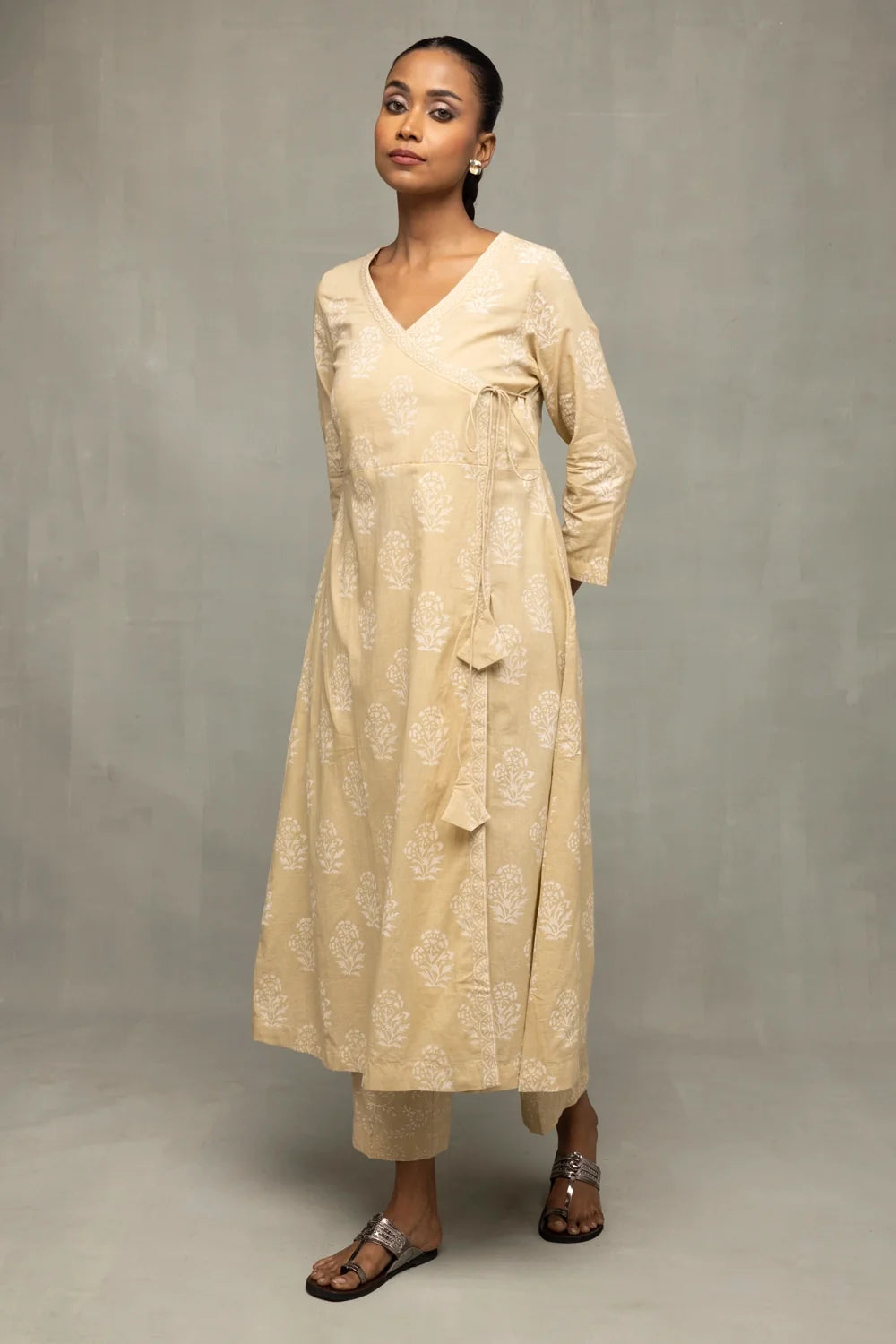 Traditional Sahara Gold Angrakha Kurta Set with Dupatta for Ethnic Wear