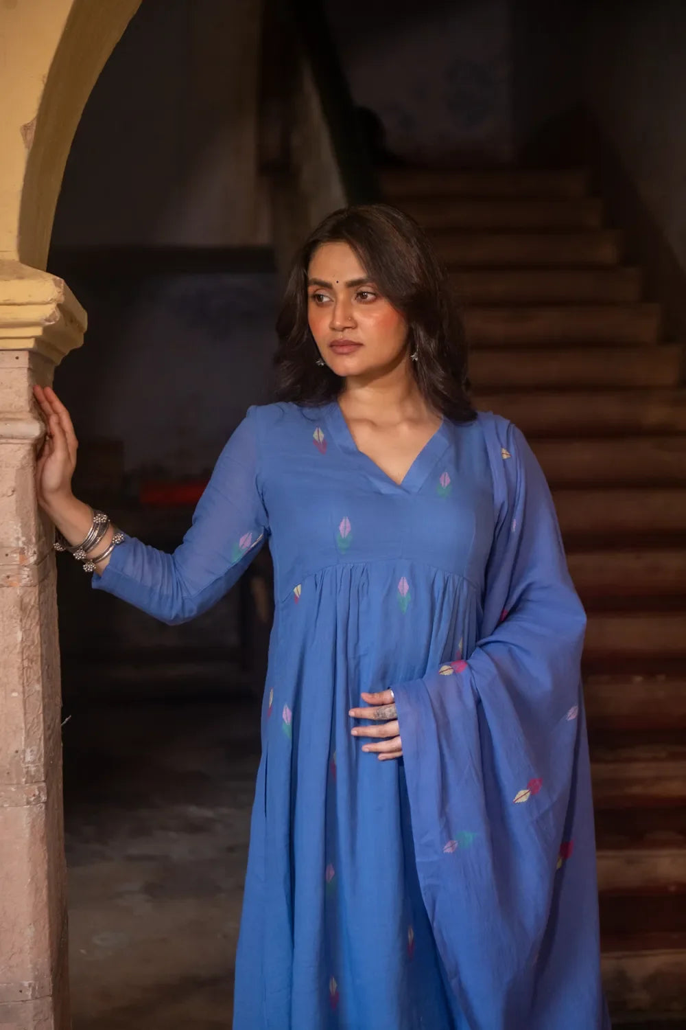 Traditional Sky Blue Handloom Jamdani Kurta Set for Ethnic Wear