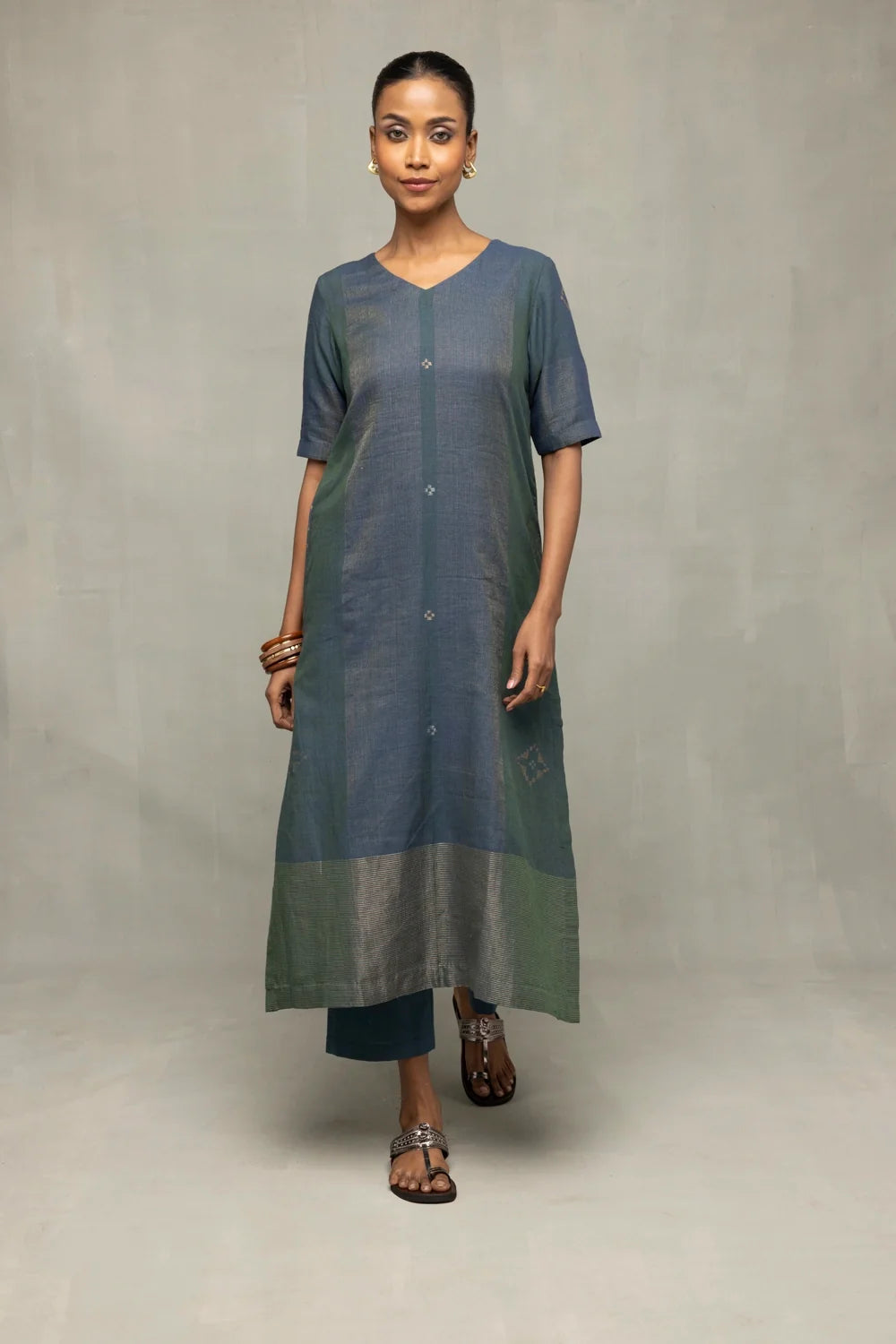 Traditional Teal Jamdani Kurta Set with Silver Zari Border for Ethnic Wear