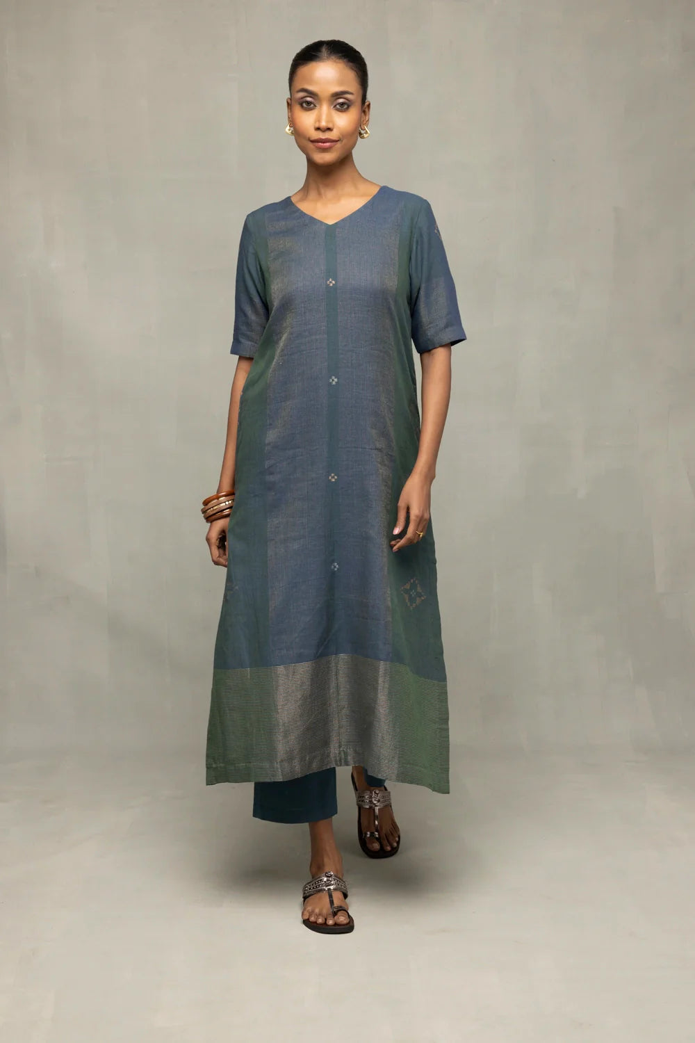 Traditional Teal Jamdani Kurta Set with Silver Zari Border for Ethnic Wear