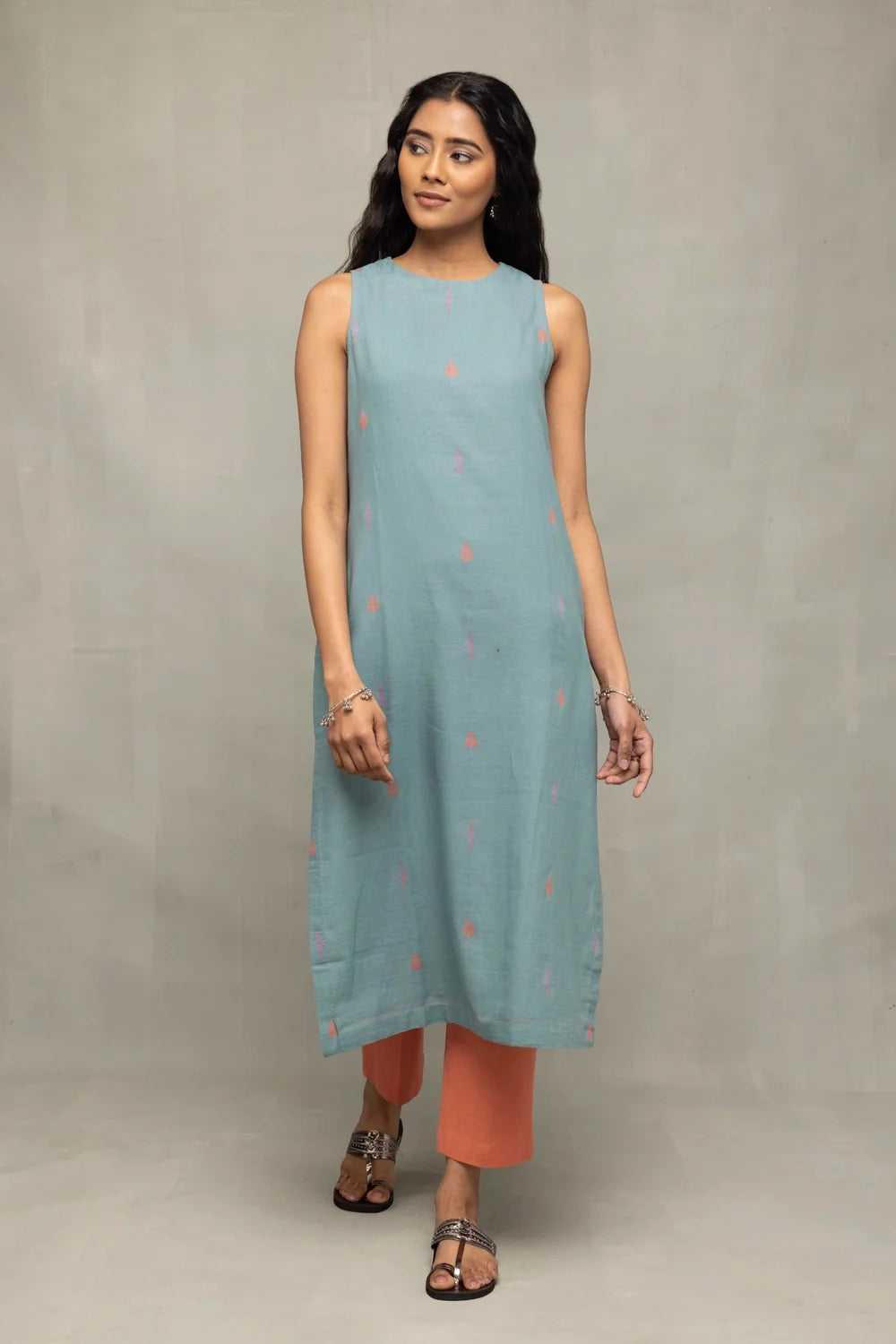 Traditional Zen Blue Jamdani Kurta Set with Leaf Motif Dupatta for Ethnic Wear