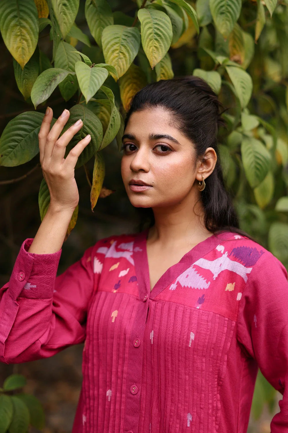 Vibrant Fuchsia Pink Jamdani Cotton Dress with Silk Woven Border for Festive Occasions