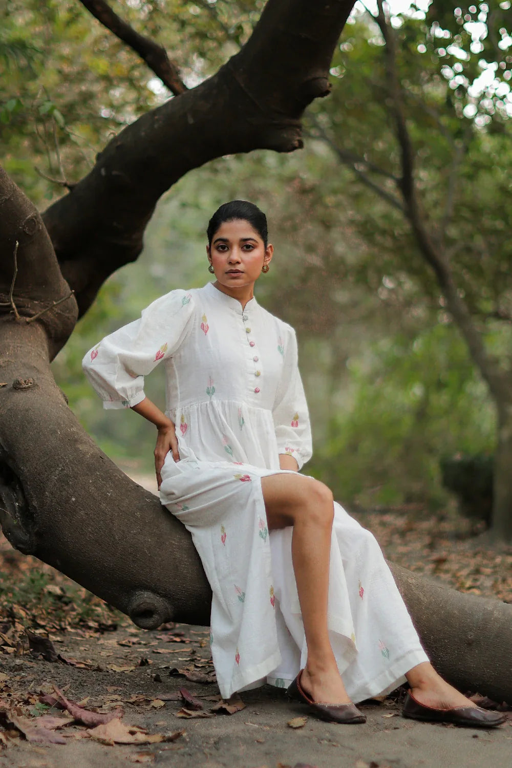 Whimsy White Cotton Jamdani Dress with Flowy Silhouette