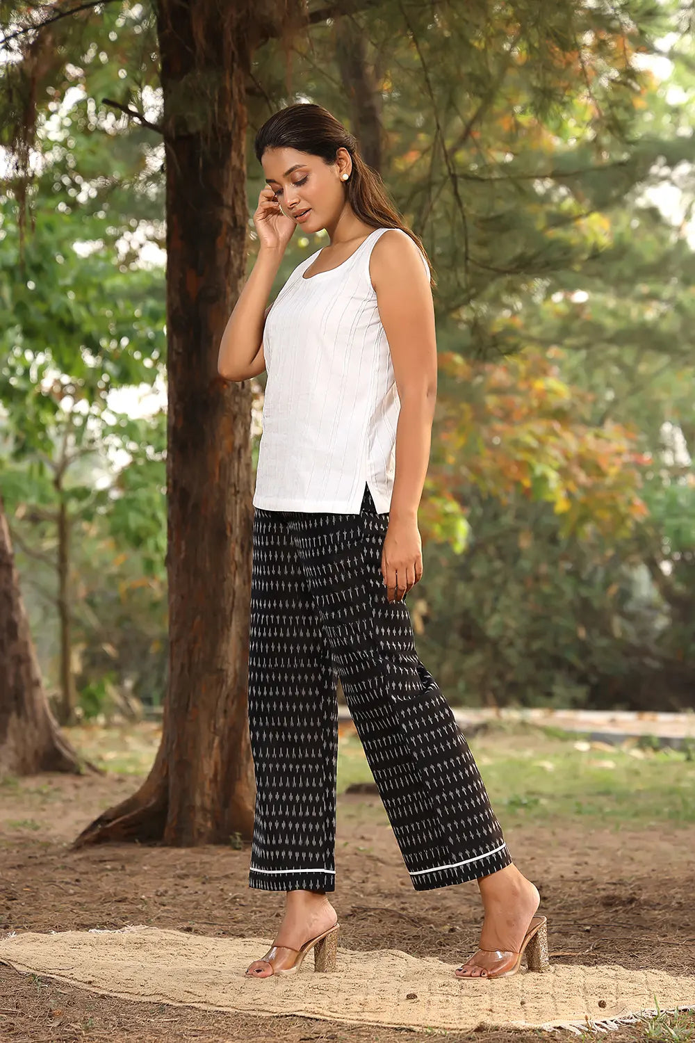 White Black Pure Cotton Ikat Co-ord Set