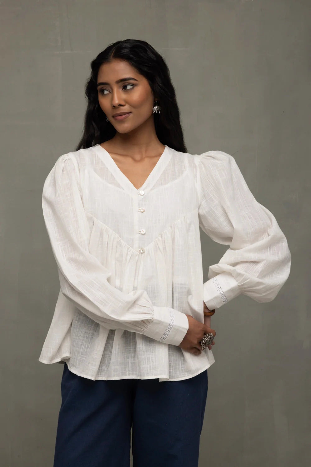 White Cotton Cloud Gathered Top