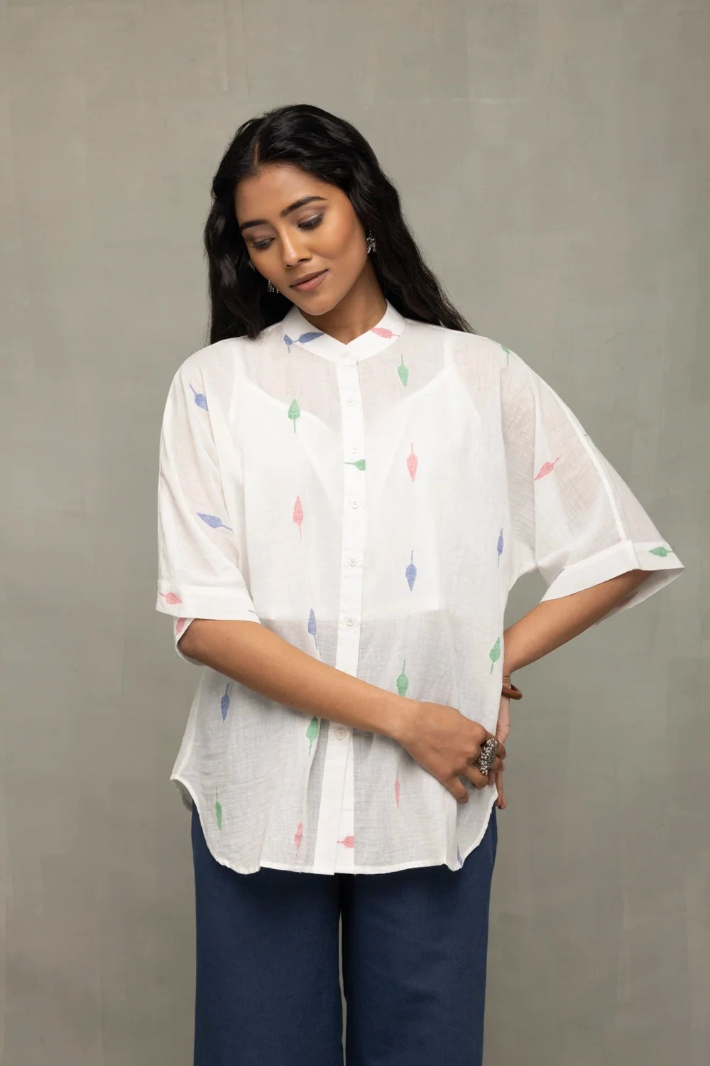 White Leaf Cotton Jamdani Shirt-Sutra Art of Clothing