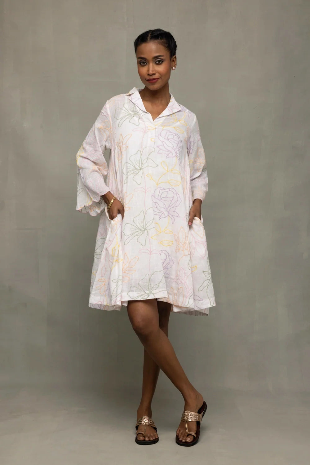 White Pastel Embroidered Pure Cotton Dress-Sutra Art of Clothing