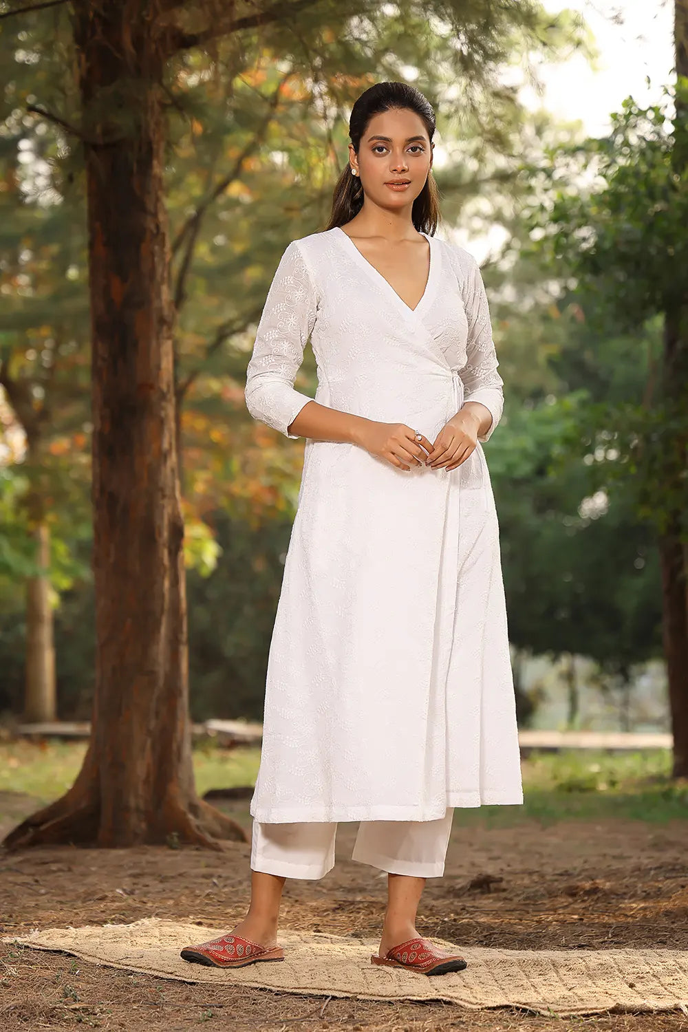 White Pure Cotton Angrakha with Dori Tie Up Kurta Pant Set