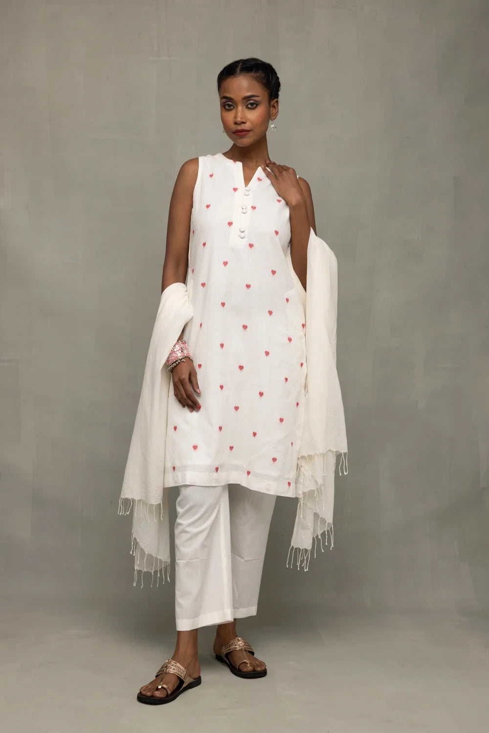 White Red Hearts South Cotton Kurta Set with Dupatta