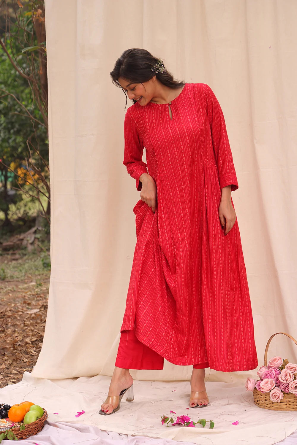 Close Up of Woven Texture on Candy Red Soft Cotton Silk Kurta Set