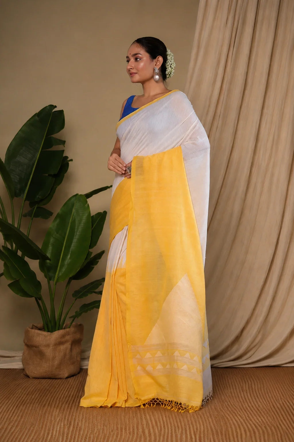 Handloom White & Yellow Soft Cotton Jamdani Saree-Sutra Art of Clothing