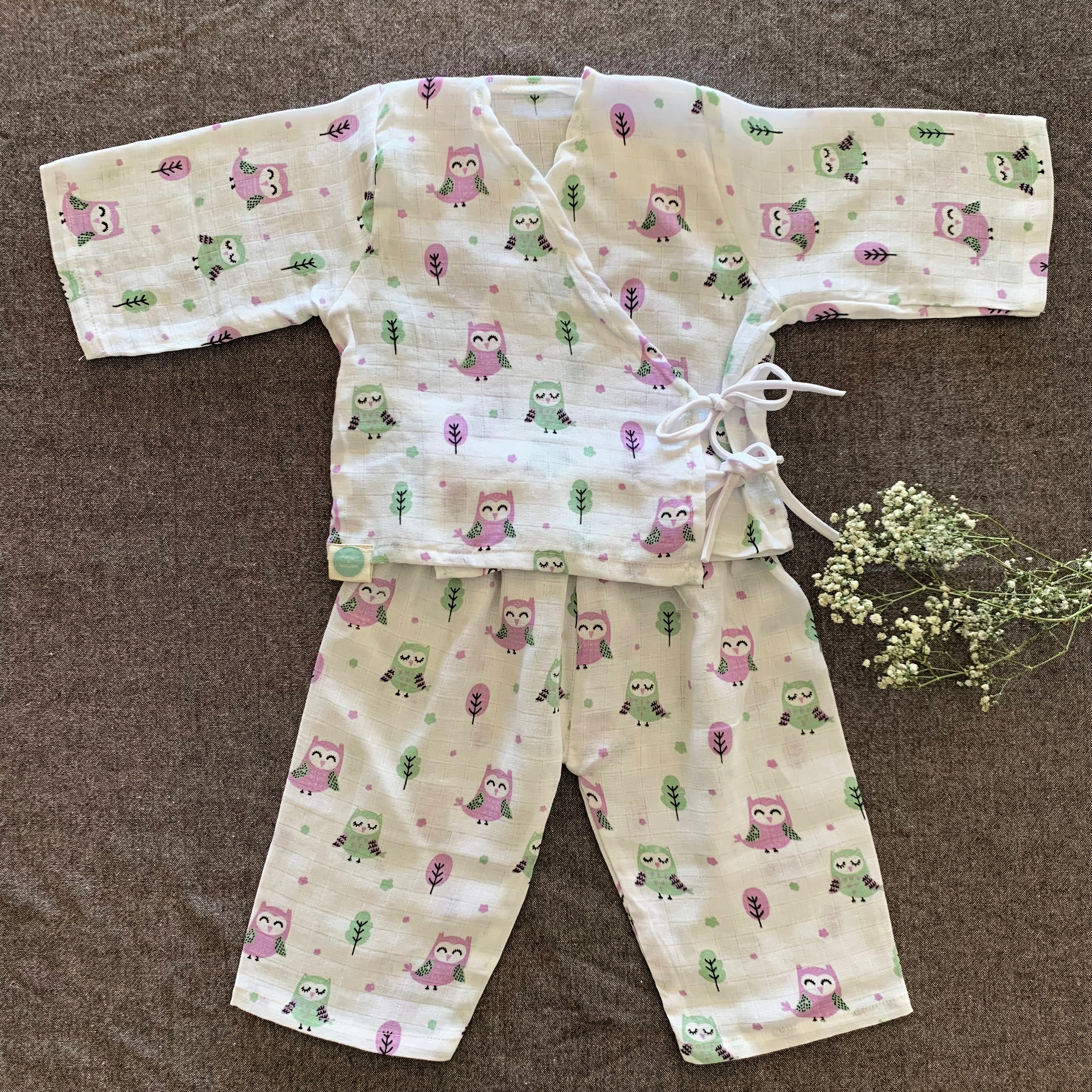 Bamboo Muslin Night Suit | Kimono Set | Owl Print - Oranges and Lemons