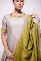 Beige-Wild Silk in Hand Embroidered Sujani Anarkali Set.-bihart