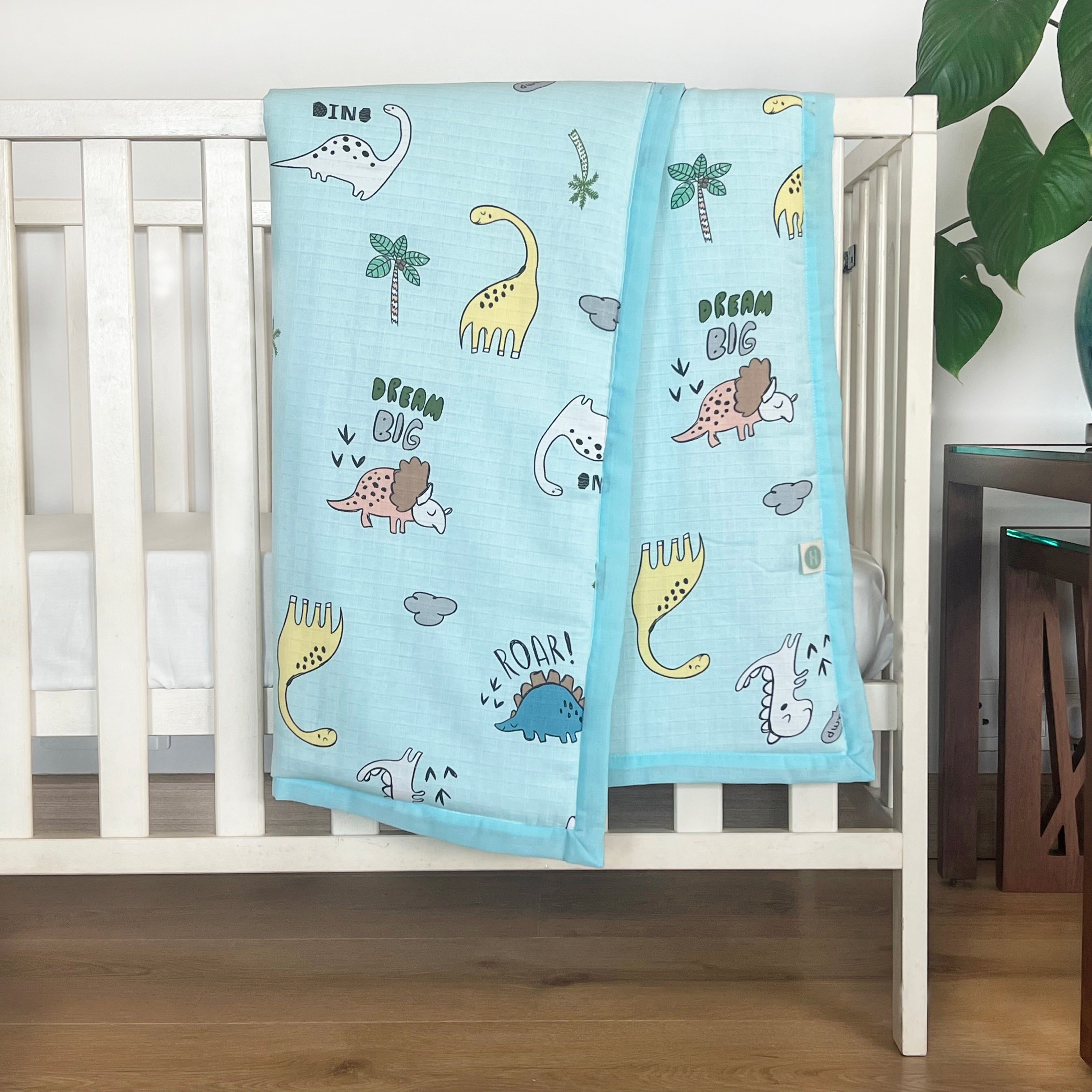 Dancing Dinosaurs - Muslin Blanket / Comforter/ Quilt - Aqua - Oranges and Lemons