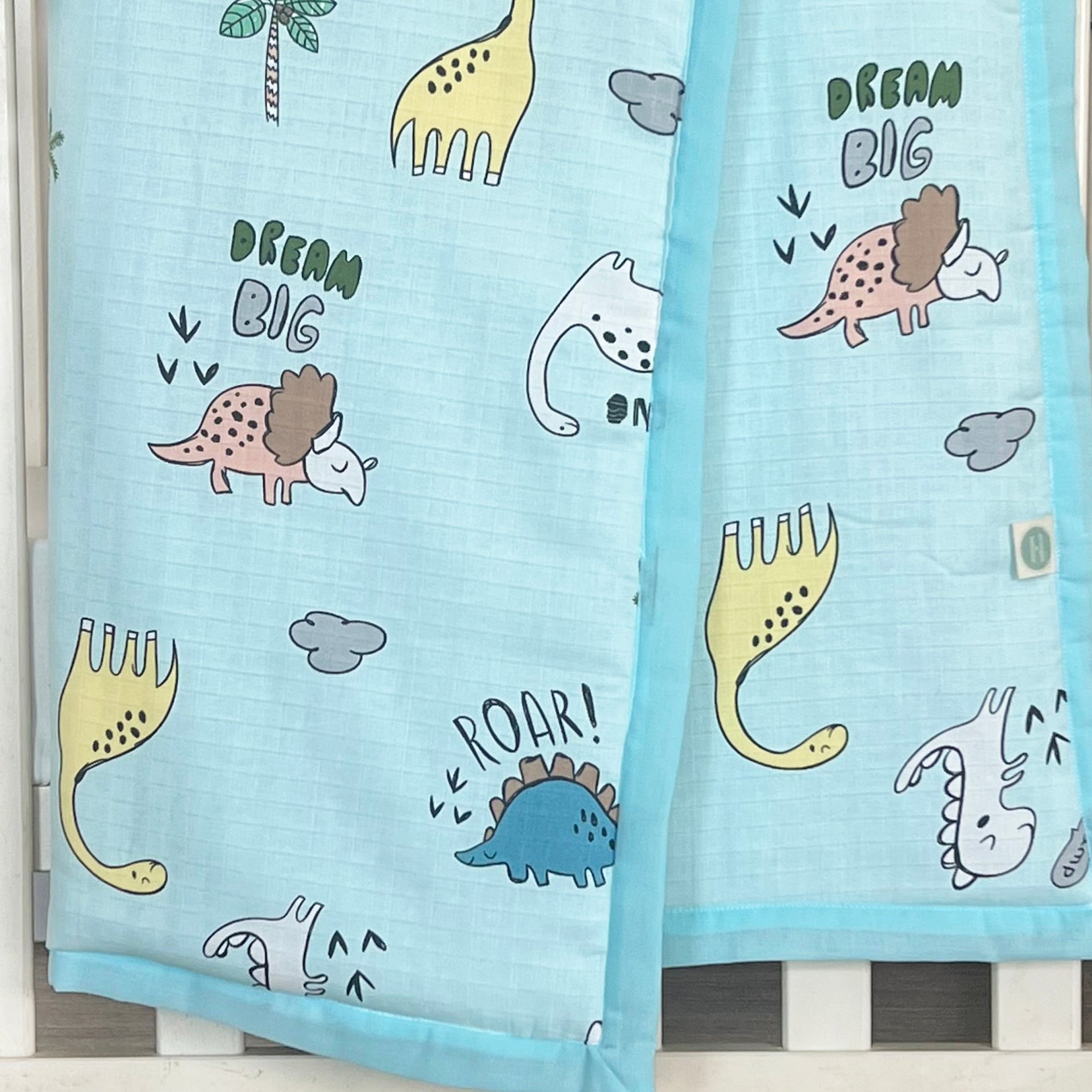 Dancing Dinosaurs - Muslin Blanket / Comforter/ Quilt - Aqua - Oranges and Lemons