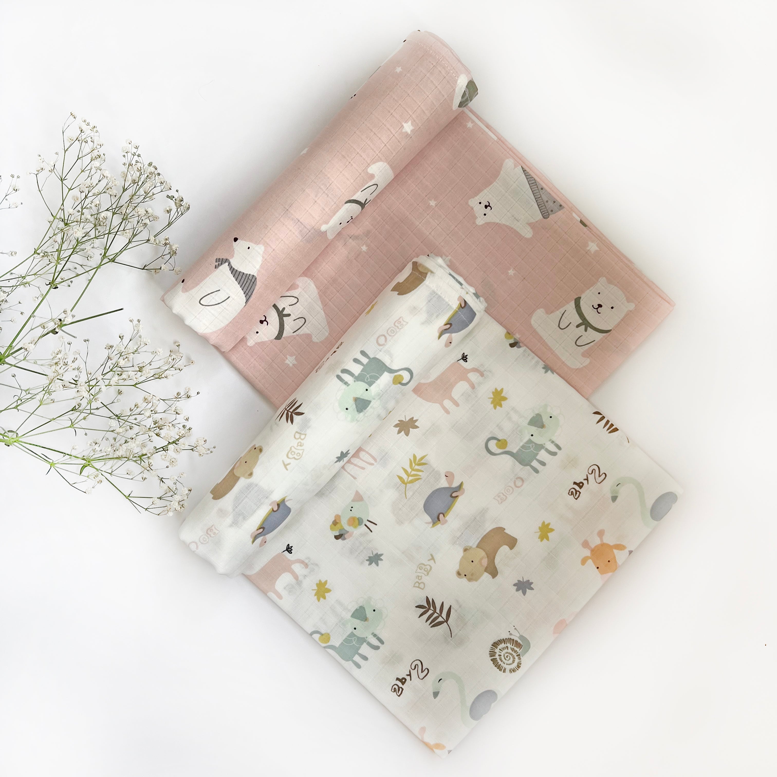Organic Muslin Baby Swaddles | White & Pink | Set of 2 - Oranges and Lemons