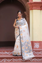 Handloom White Pure Cotton Exclusive Jamdani Saree with Yellow & White Flowers