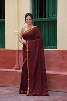 Handloom Wine Pure Cotton Saree with Gold Zari Border-Sutra Art of Clothing