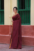 Handloom Wine Pure Cotton Saree with Gold Zari Border-Sutra Art of Clothing