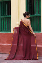 Handloom Wine Pure Cotton Saree with Gold Zari Border-Sutra Art of Clothing