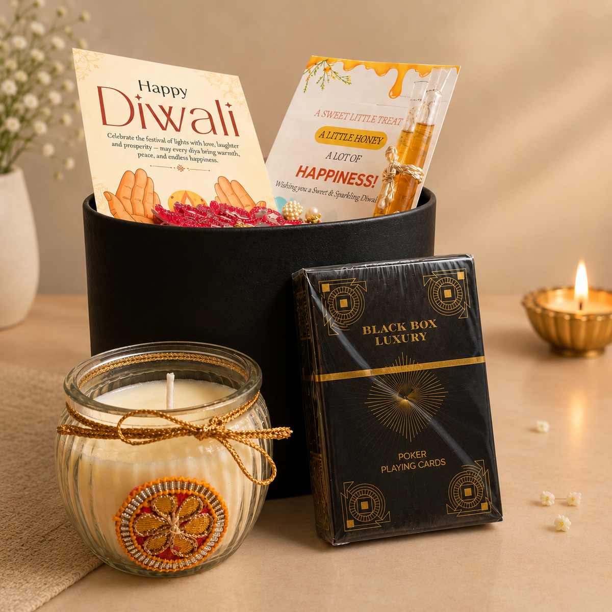 Midnight Royale Playing Cards Gift Box | Diwali Gift Hamper with Matka Candle - https://artecasa.in/