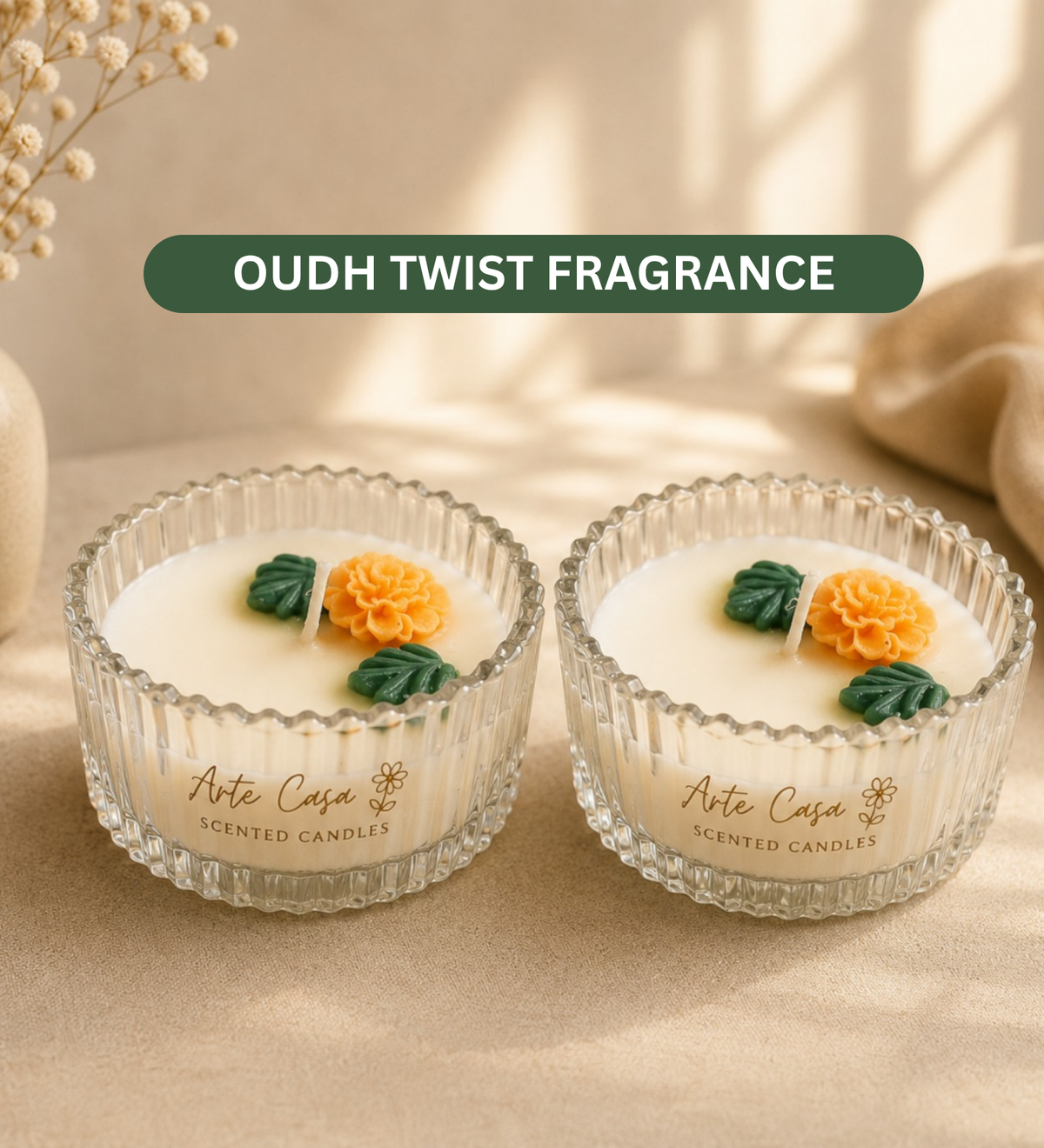 Meadow Duo Yellow & Green Glass Candle Set | Mini Genda Flower Scented Candles - https://artecasa.in/