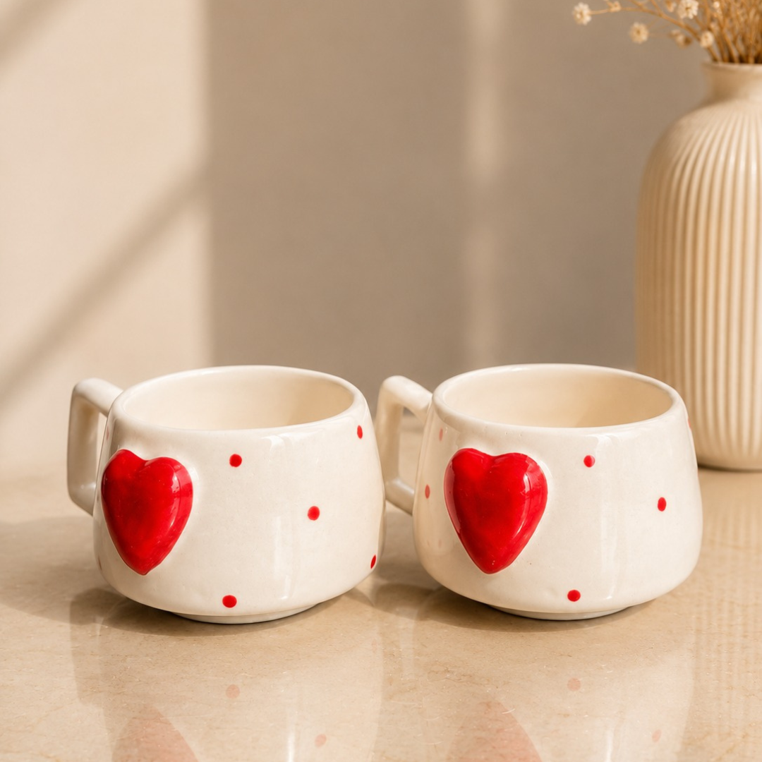 Heartfelt Duo Heart Design Ceramic Mug Set | Set of 2 Heart Mugs - https://artecasa.in/