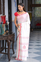 Handloom White Pure Cotton Laal Paar Jamdani Saree with Red Border