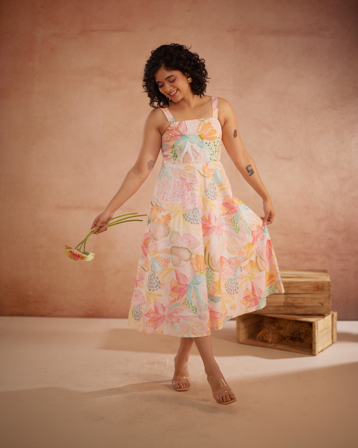 Lylaa Hand-Embroidered Floral Midi Dress – hand-embroidered 100% cotton – RASRA MAI