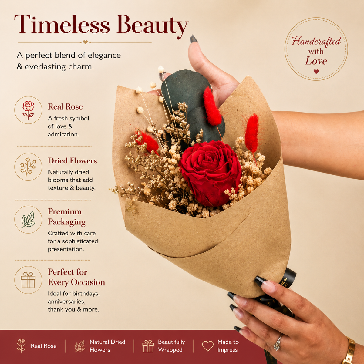 Preserved red rose bouquet for gifting