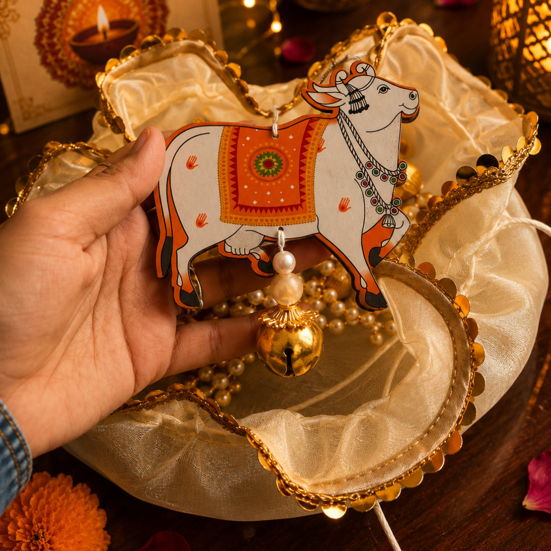 Pichwai Heritage White Festive Potli | Diwali Décor - https://artecasa.in/