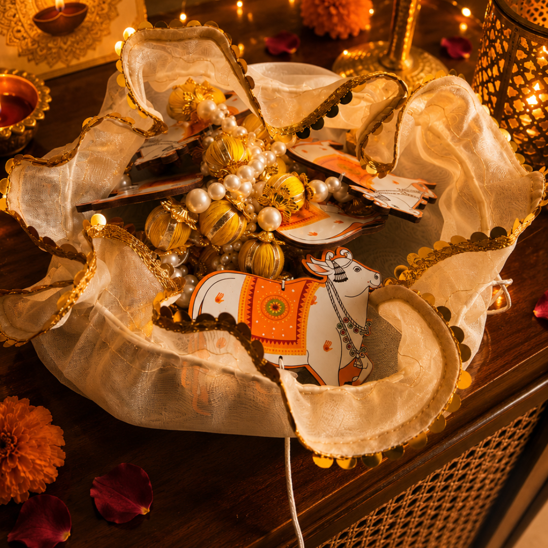 Pichwai Heritage White Festive Potli | Diwali Décor - https://artecasa.in/