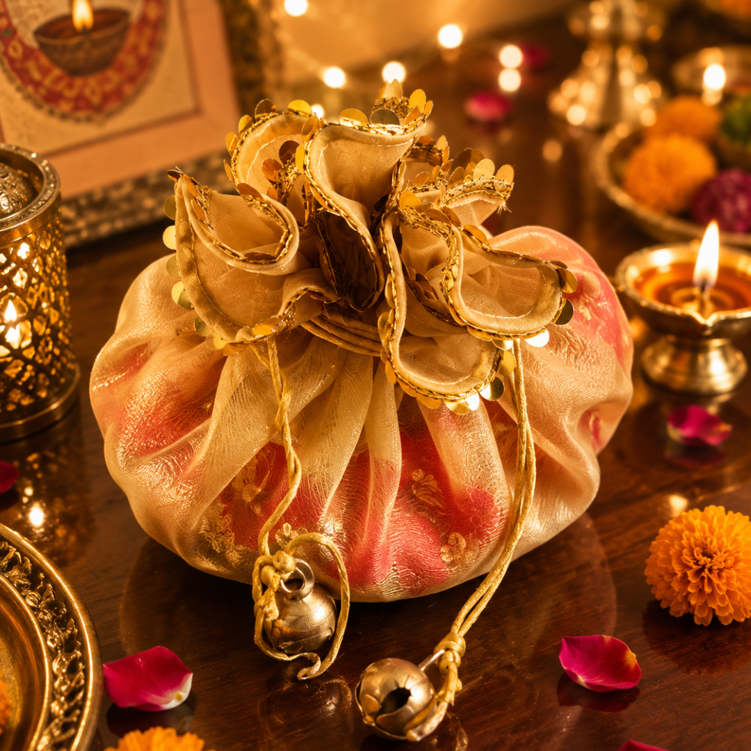 Gulabi Utsav Golden Potli Gift Set | Pink Festive Toran - https://artecasa.in/