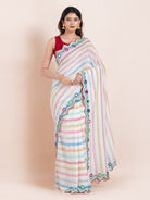 Lightweight white mulmul cotton saree with mirror embroidery and multicolored stripes. Perfect for summer wear, festive looks, and effortless elegance.