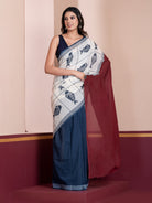 Handblock print saree, white saree,khadi saree
