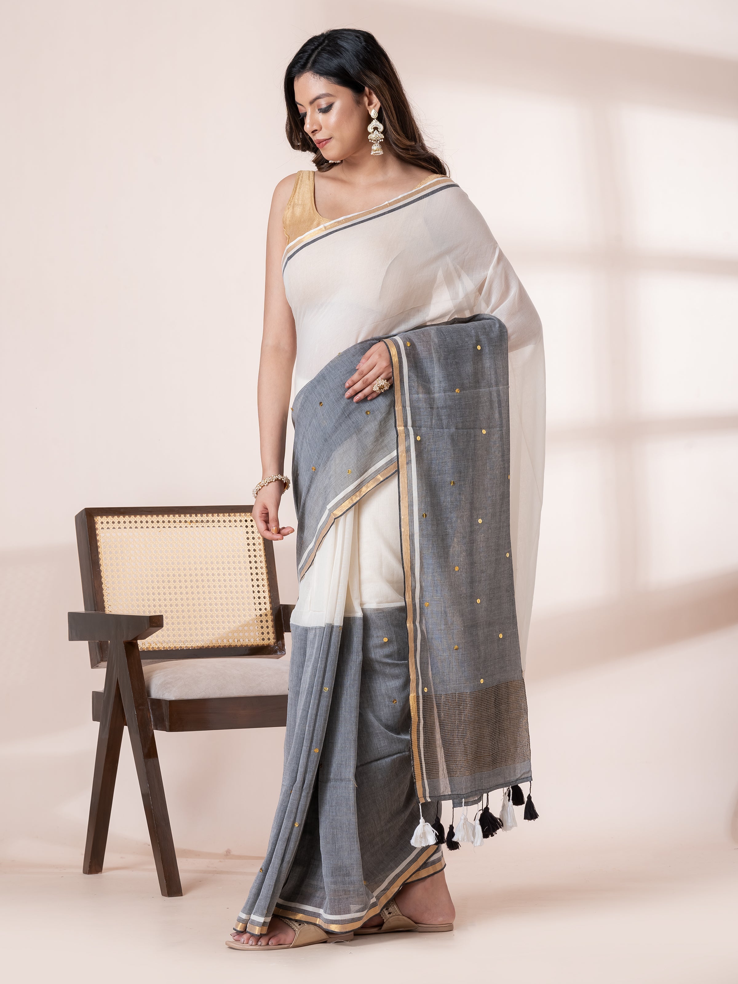 Silver Moon black grey saree crafted in breathable mulmul cotton for parties