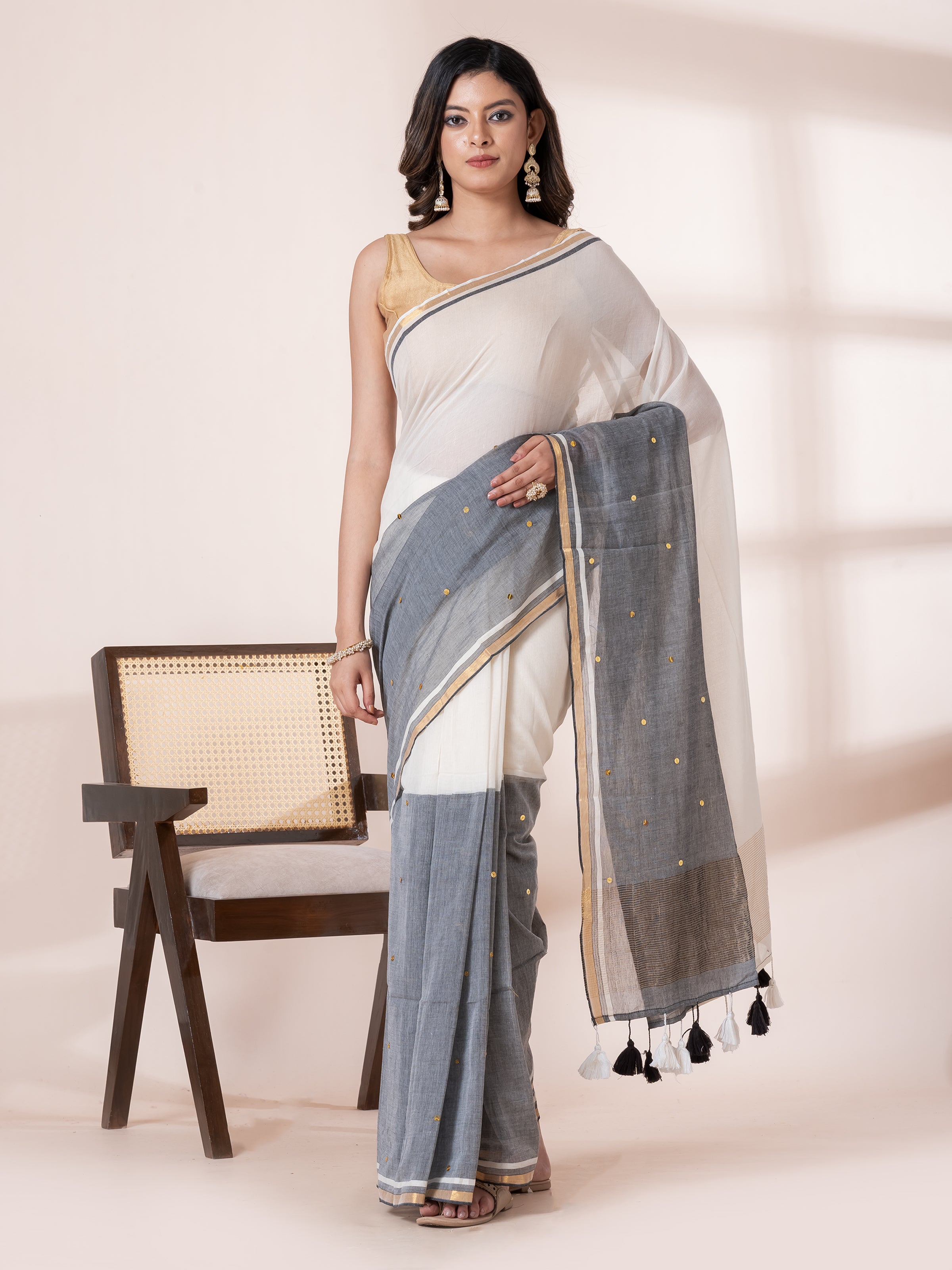 Silver Moon Designer Black Grey Sequined Mulmul Cotton Saree by Shop Aame