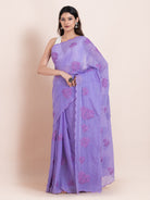 Lightweight purple chikankari embroidered mulmul cotton saree, designed for soft comfort and effortless summer wear.