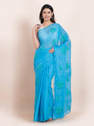 Lightweight blue chikankari embroidered mulmul cotton saree, designed for festive wear with soft comfort.