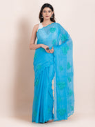 Firoza blue chikankari embroidered mulmul cotton saree, a lightweight breathable saree for summer and festive wear.