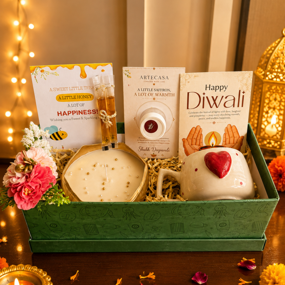 Green Aura Festive Mug Gift Box | Mug & Urli Soy Wax Candle - https://artecasa.in/