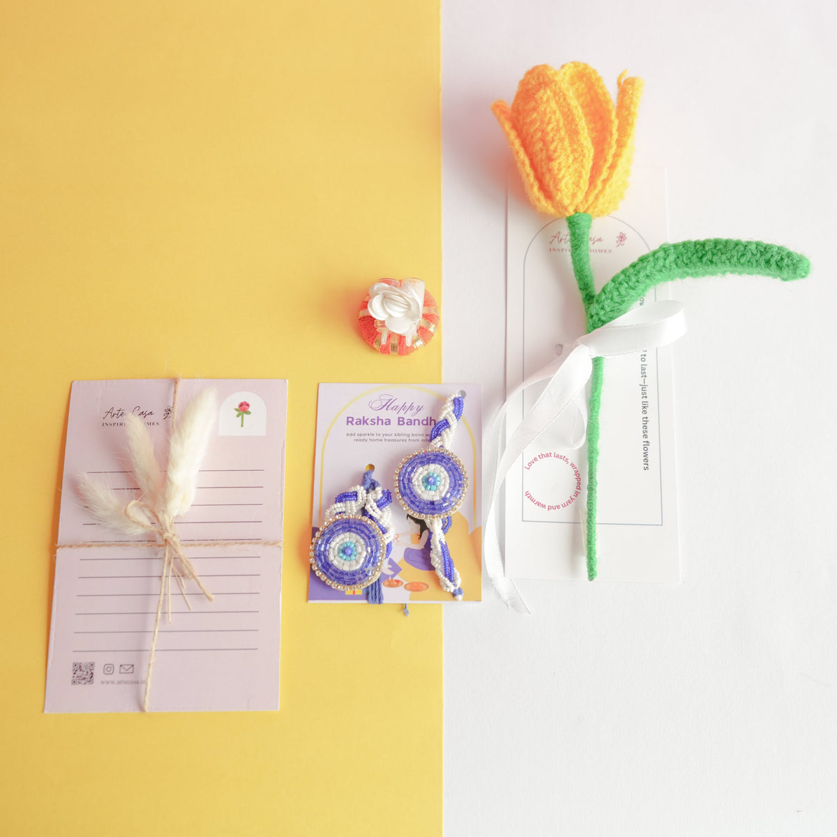 Handcrafted Tulip crochet Rakhi hamper (yellow) - https://artecasa.in/